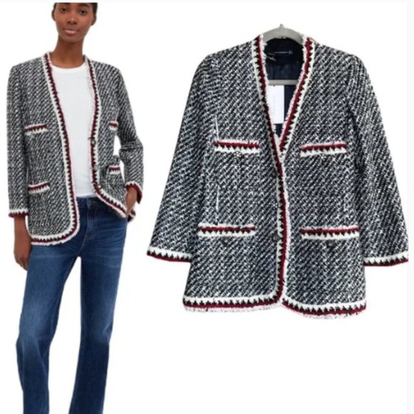 NWOT Zara Woman Black White Red boucle Tweed Jacket Blazer M - Picture 4 of 10